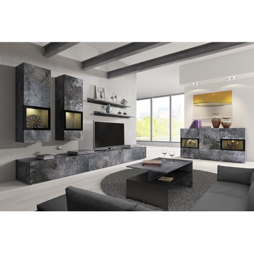 Ensemble Salon Complet Ramos – Effet Ardoise – 7 Meubles Avec LED Multicolore Intégrée