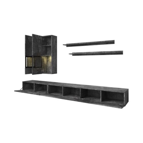 Ensemble Salon Complet Ramos – Effet Ardoise – 7 Meubles Avec LED Multicolore Intégrée