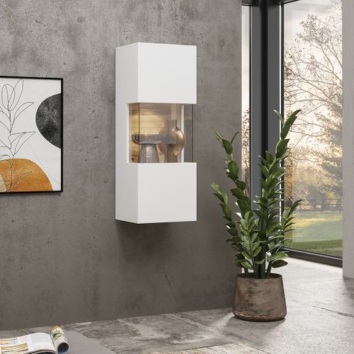 Petite Vitrine Suspendue 1 Porte Partiellement Vitrée Collection Eva. Couleur Blanc Mat Et Chêne.