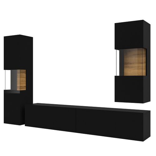 Ensemble De 3 Meubles De Salon Collection Eva. Couleur Noir Et Chêne.