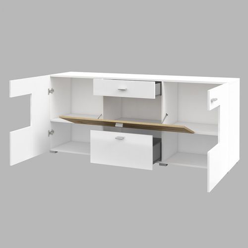 Buffet 165cm Collection Kobee 3 Portes Et 2 Tiroirs. Couleur Blanc Et Chêne.