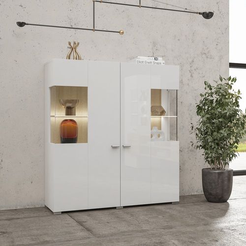 Buffet Haut Collection Kobee 2 Portes Vitrées Avec LED Intégrée. Couleur Blanc Et Chêne.