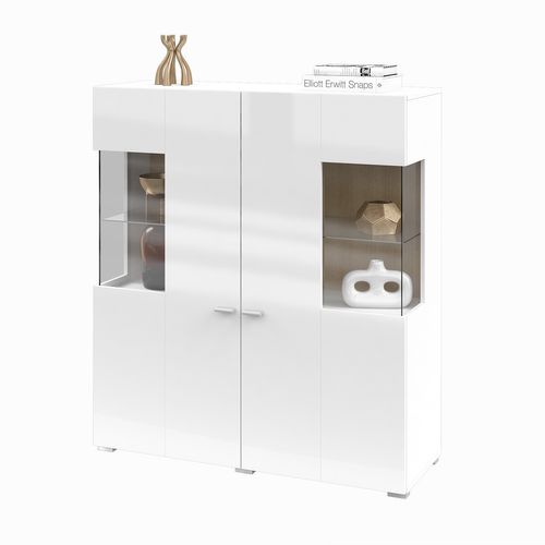 Buffet Haut Collection Kobee 2 Portes Vitrées Avec LED Intégrée. Couleur Blanc Et Chêne.
