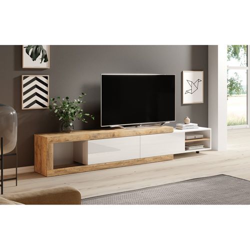 Meuble TV Extensible Sinatra – Chêne Et Blanc Brillant – 2 Portes + Niches – L200 à 240 X H43,4 X P