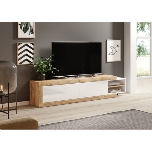 Meuble TV Extensible Sinatra – Chêne Et Blanc Brillant – 2 Portes + Niches – L200 à 240 X H43,4 X P