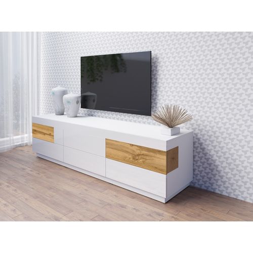Meuble TV XL 200cm Collection Kiles. Coloris Blanc Et Chêne. Style Design.
