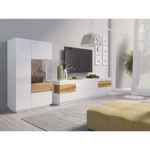 Meuble TV XL 200cm Collection Kiles. Coloris Blanc Et Chêne. Style Design.