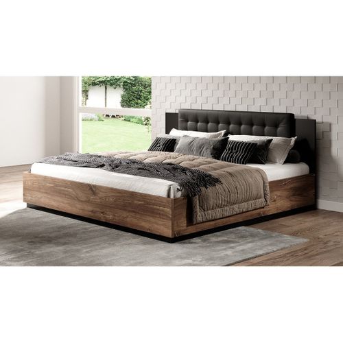 Lit Adulte 160x200 – Chêne Foncé Et Noir – Collection Fox – Sommier Inclus