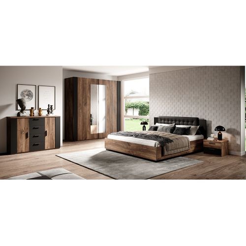 Lit Adulte 160x200 – Chêne Foncé Et Noir – Collection Fox – Sommier Inclus