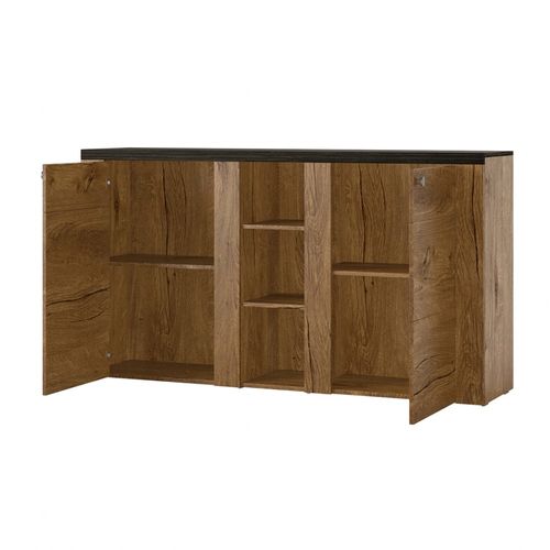 Buffet Design 155cm Pour Salon Couleur Chêne Et Noir Effet Bois Collection Santiago.