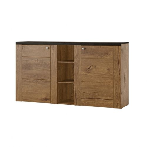 Buffet Design 155cm Pour Salon Couleur Chêne Et Noir Effet Bois Collection Santiago.