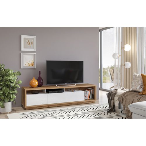 Meuble TV XL 200cm Collection Clara. Couleur Chêne Et Blanc Brillant.