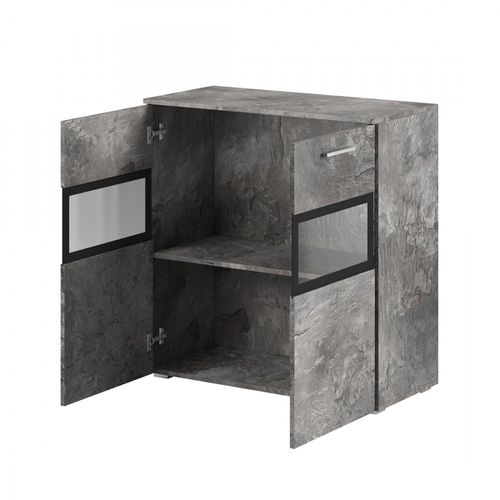 Buffet Conor 2 Portes Vitrée Avec LED - Effet Ardoise - 91 X 92 X 39 Cm