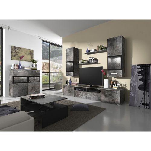 Buffet Conor 2 Portes Vitrée Avec LED - Effet Ardoise - 91 X 92 X 39 Cm