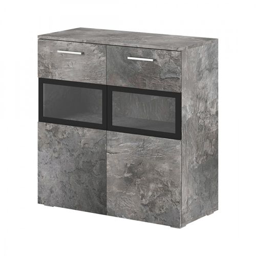 Buffet Conor 2 Portes Vitrée Avec LED - Effet Ardoise - 91 X 92 X 39 Cm