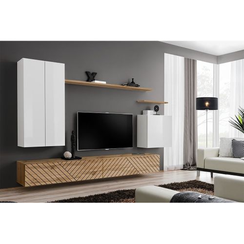 Ensemble Meuble Salon Switch Ii Design, Coloris Blanc Et Chêne Wotan. Finitions Effet Blanc Brillan
