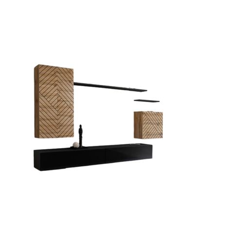 Ensemble Meuble Salon Switch Ii – Chêne Wotan Et Noir – Finitions Effet Chêne Fraisé Et Noir Brilla