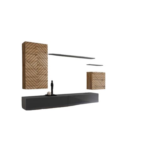 Ensemble Meuble Salon Switch Ii – Chêne Wotan Et Gris – Finitions Effet Chêne Fraisé Et Gris Brilla