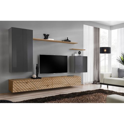 Ensemble Meuble Salon Switch Ii, Gris Et Chêne Wotan, Finitions Effet Gris Brillant Et Chêne Fraisé