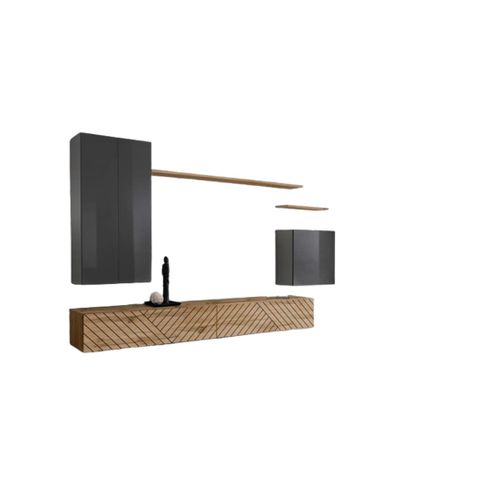 Ensemble Meuble Salon Switch Ii, Gris Et Chêne Wotan, Finitions Effet Gris Brillant Et Chêne Fraisé