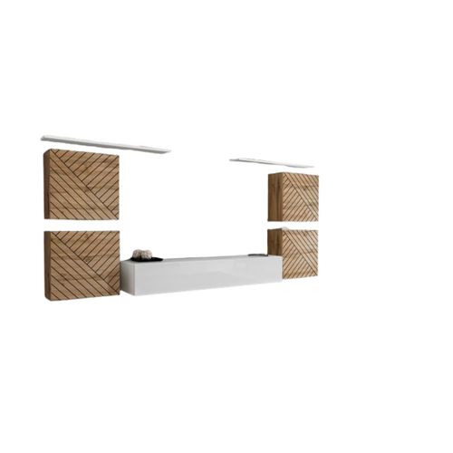 Ensemble Meuble Salon Switch Iv. Coloris Chêne Wotan Et Blanc. Finitions Chêne Fraisé Et Blanc Bril