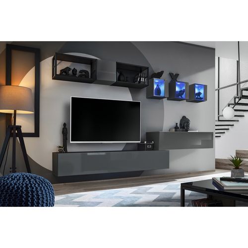 Meuble TV Suspendu 120 Cm – Gris – Collection Switch – Finitions Brillantes – Design Moderne