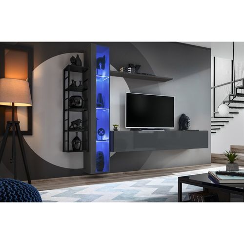 Vitrine Suspendue – Gris – Collection Switch – Porte Vitrée Et LED Inclus – Grand Modèle