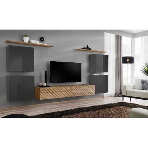 Ensemble De Meubles Design De Salon Switch Iv. Coloris Gris Et Chêne. Finitions Gris Brillant Et Ch