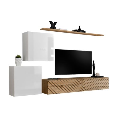 Ensemble De Meubles Design De Salon Switch V, Coloris Blanc Et Chêne. Finitions Blanc Brillant Et C