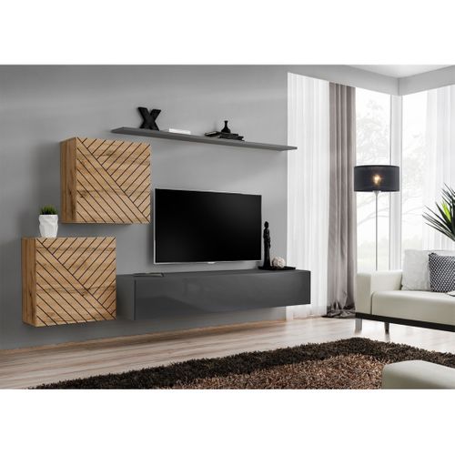 Ensemble De Meubles Design De Salon Switch V, Coloris Chêne Et Gris Finitions Chêne Fraisé Et Gris