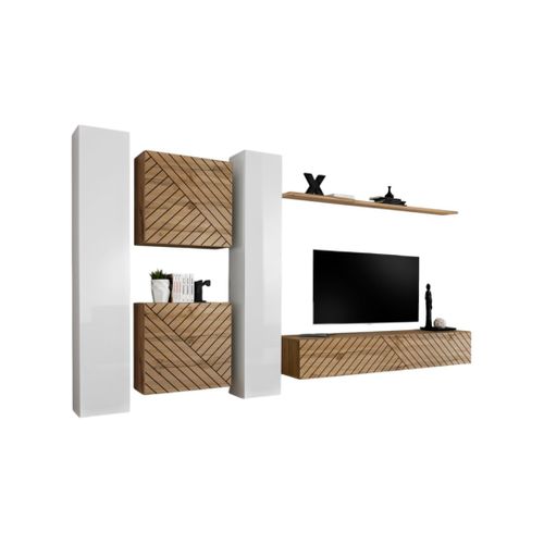 Ensemble Meubles Design Salon Switch Vi, Blanc/chêne, Finition Blanches Brillantes Et Chêne Effet F