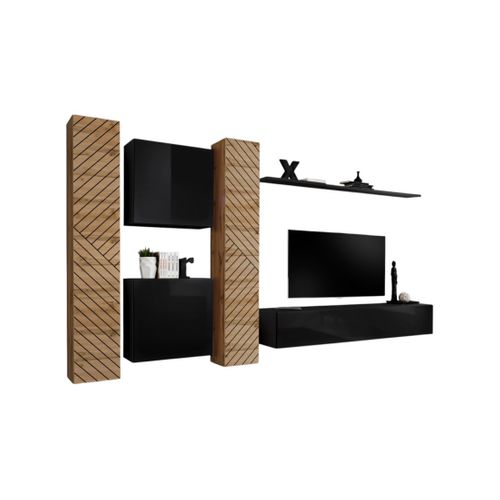 Ensemble De Meubles Design De Salon Switch Vi. Coloris Chêne Et Noir Finition Chêne Effet Fraisé Et