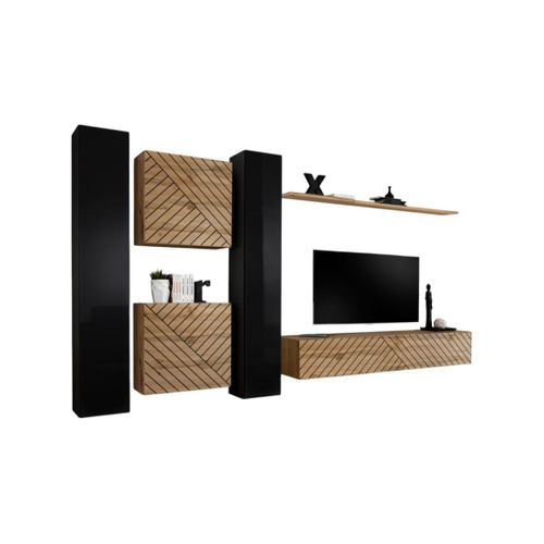 Ensemble De Meubles Design De Salon Switch Vi. Coloris Noir Et Chêne Finition Noires Brillantes Et