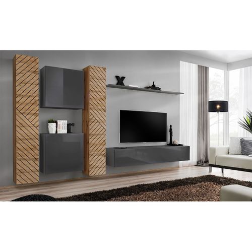 Ensemble De Meubles Design De Salon Switch Vi. Coloris Chêne Et Gris Finition Chêne Effet Fraisé Et