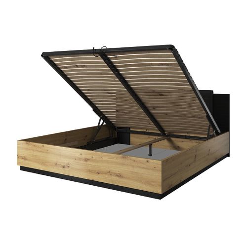 Lit Coffre 140x200 Coloris Chêne Clair Et Noir Collection Fox.