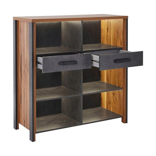 Buffet Ouvert Windsor - Chêne Foncé Et Gris Anthracite - 6 Niches, 2 Tiroirs - 106.9 X 110.2 X 44 C