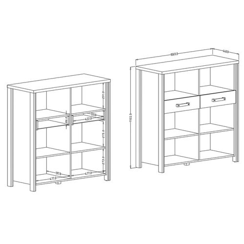 Buffet Ouvert Windsor - Chêne Foncé Et Gris Anthracite - 6 Niches, 2 Tiroirs - 106.9 X 110.2 X 44 C