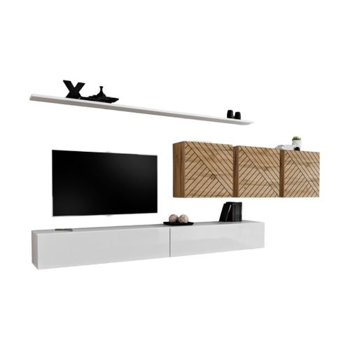 Ensemble De Meubles De Salon Design Collection Switch Vii , Coloris Blanc Et Chêne Finitions Fraisé