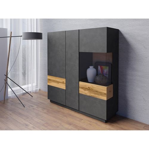 Buffet Haut Kiles Trois Portes. Coloris Gris Anthracite Et Chêne. Style Design