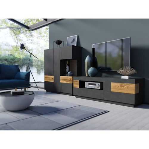 Buffet Haut Kiles Trois Portes. Coloris Gris Anthracite Et Chêne. Style Design