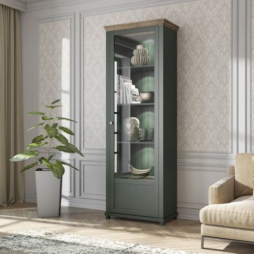 Vitrine 1 Porte Collection Assia. Coloris Vert Et Chêne. Ouverture Droite
