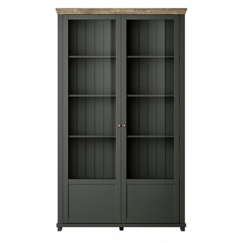 Vitrine Assia 2 Portes Vitrées Vert Foncé Et Bois - 125 Cm - 10 Niches - Élégance Intemporelle