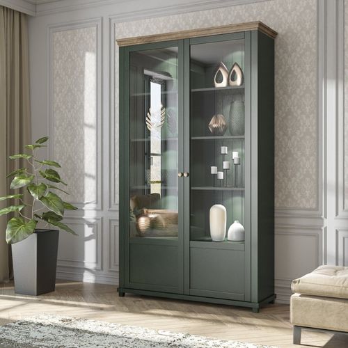 Vitrine Assia 2 Portes Vitrées Vert Foncé Et Bois - 125 Cm - 10 Niches - Élégance Intemporelle