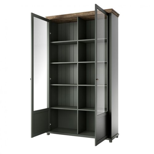 Vitrine Assia 2 Portes Vitrées Vert Foncé Et Bois - 125 Cm - 10 Niches - Élégance Intemporelle