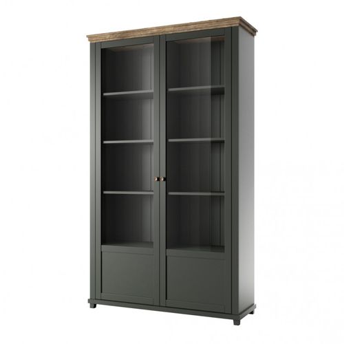 Vitrine Assia 2 Portes Vitrées Vert Foncé Et Bois - 125 Cm - 10 Niches - Élégance Intemporelle