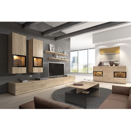 Buffet Ramos – 2 Portes Vitrées + 3 Tiroirs – Coloris Chêne Et Noir – Design Contemporain – LED Non