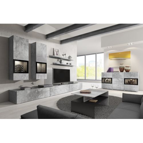 Buffet Ramos – 2 Portes Vitrées + 3 Tiroirs – Gris Effet Béton Et Noir – Sans LED