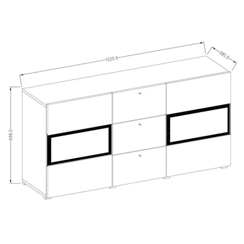 Buffet Ramos 130 Cm – Chêne Et Noir Super Mat – 2 Portes Vitrées Et 3 Tiroirs – Sans LED