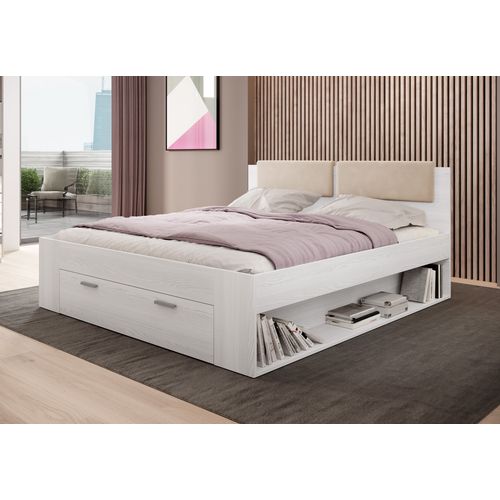 Lit Adulte 180x200 Avec Tiroirs Intégrés - Collection Floyd, Coloris Blanc Effet Bois