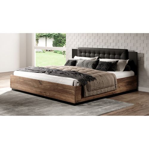 Lit Adulte 180x200 – Chêne Foncé Et Noir – Collection Fox – Sommier Non Inclus
